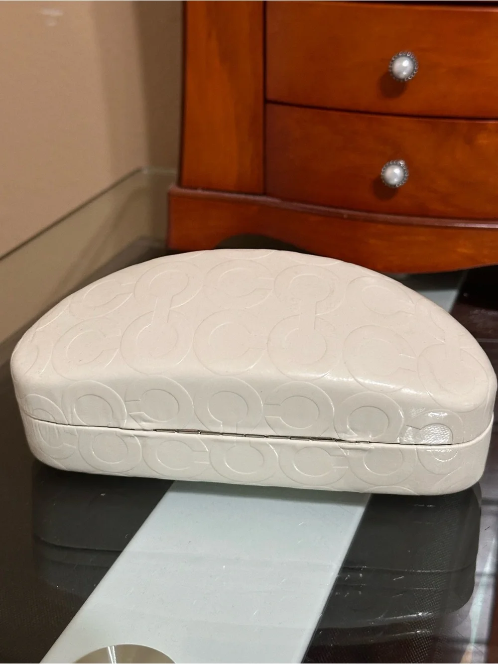 COACH Cream Embossed Sunglasses Case with Brown Interior
